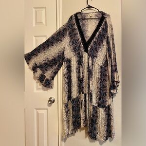 Romantic Gypsy Black Blue and Cream Midi Dress with Snakeskin Print